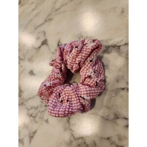 Vintage Pink Gingham Scrunchie Hair Tie - Embroidered Floral Design, Soft Fabric
